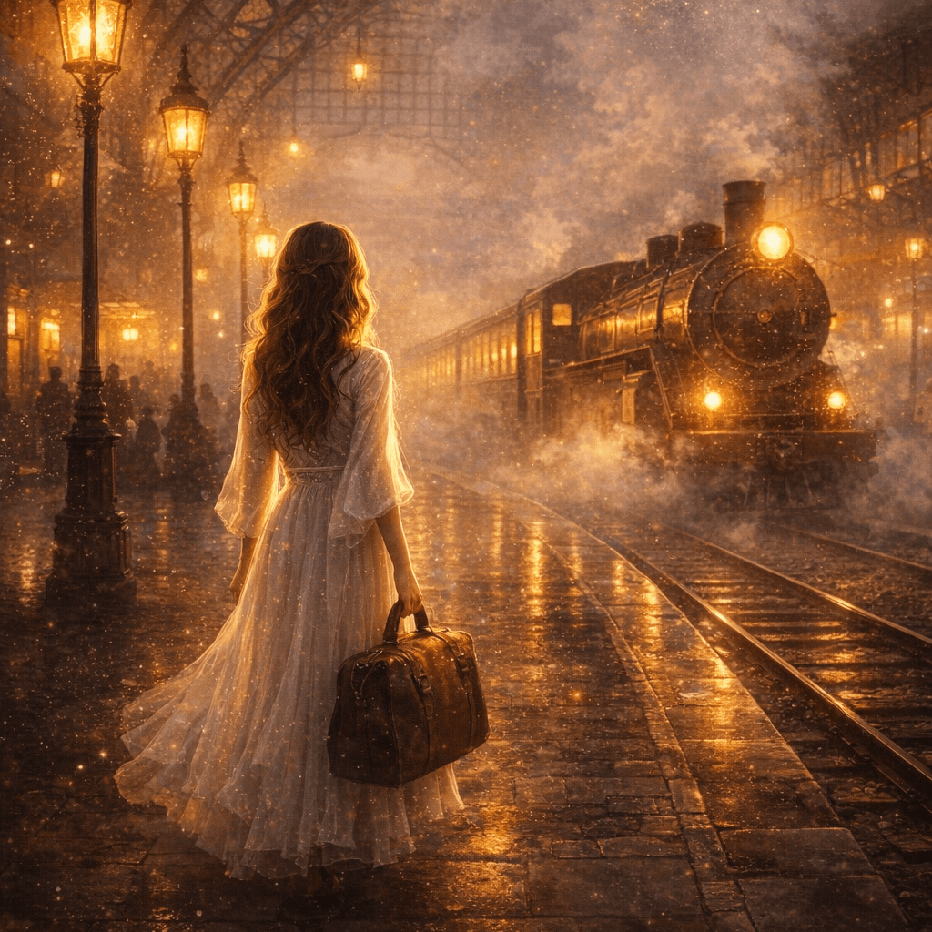 Alma luminosa na gare de comboios, simbolizando o início da jornada de autoconhecimento e da busca pela própria luz interior.