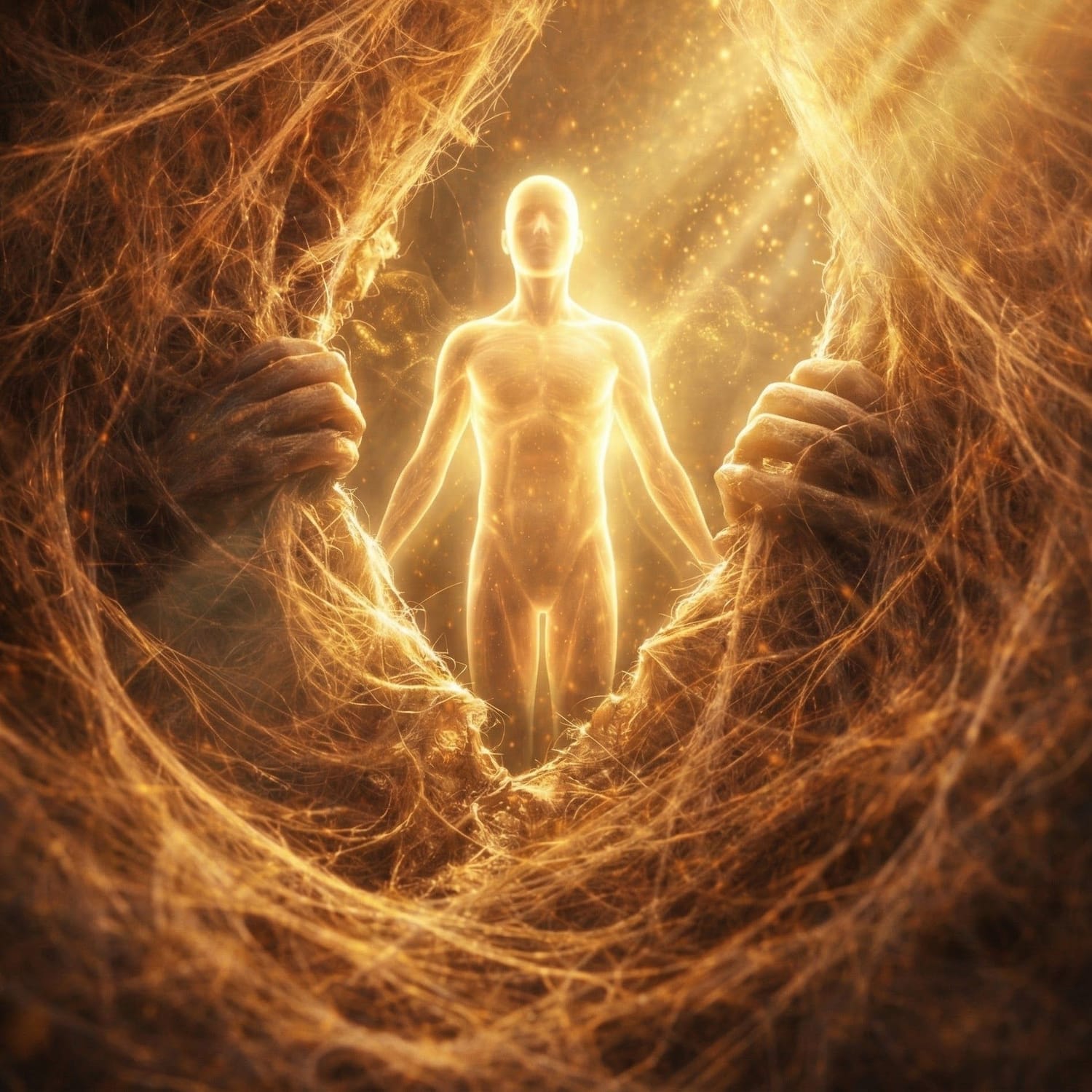 Ser a emergir do casulo para a luz, representando integração, renascimento interior e nova consciência