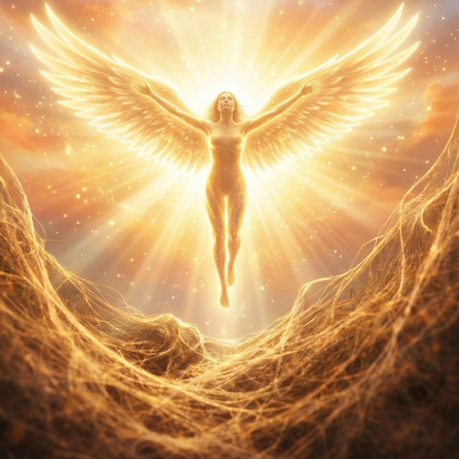 Ser alado a voar na luz, simbolizando ascensão espiritual, liberdade interior e confiança no próprio caminho