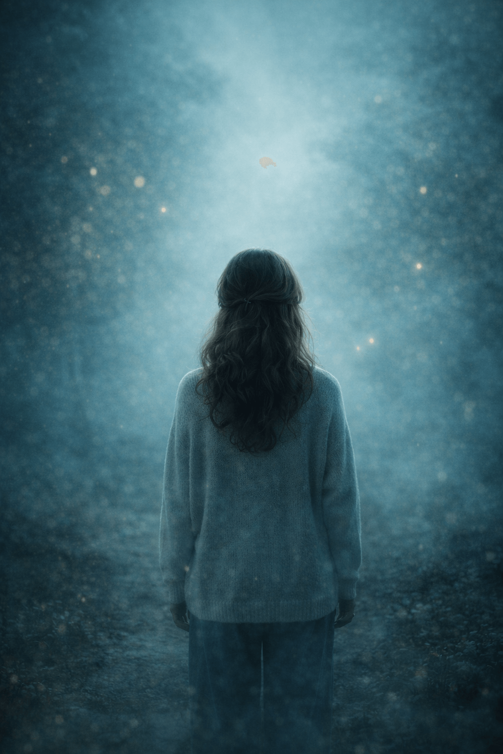Caminho envolto em névoa e luz suave, simbolizando o retorno ao essencial, a escolha consciente e o avanço guiado pelo interior.