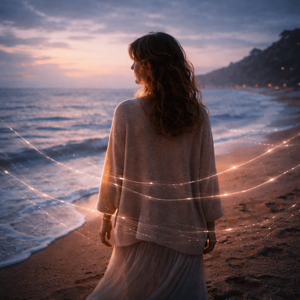 Mulher na praia ao entardecer envolvida por fios de luz subtis, representando conexões sistémicas e memórias familiares invisíveis.