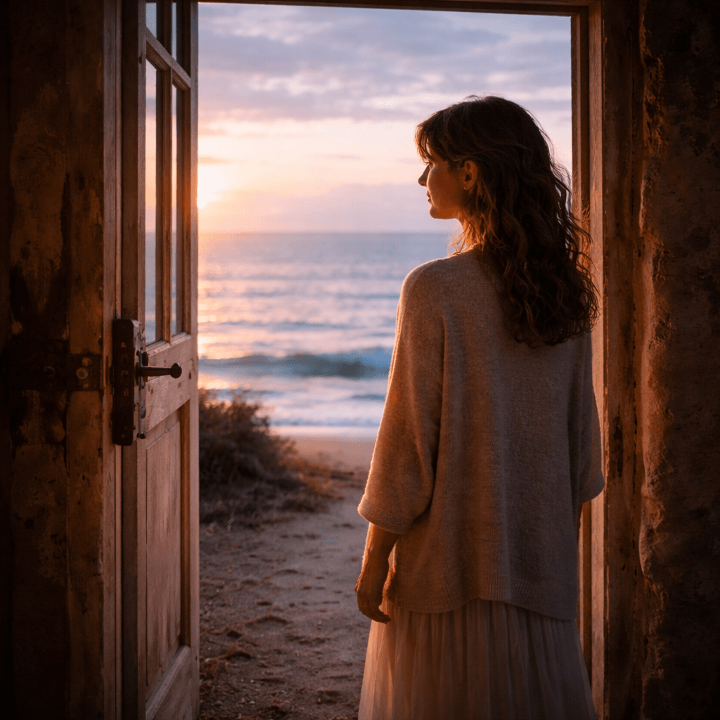 Mulher de perfil diante de uma porta aberta para o horizonte, representando consciência, decisão e novos caminhos após uma constelação familiar.