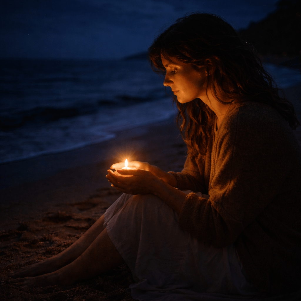 Mulher sentada na praia à noite segurando uma pequena chama, símbolo de responsabilidade pessoal e consciência sistémica.