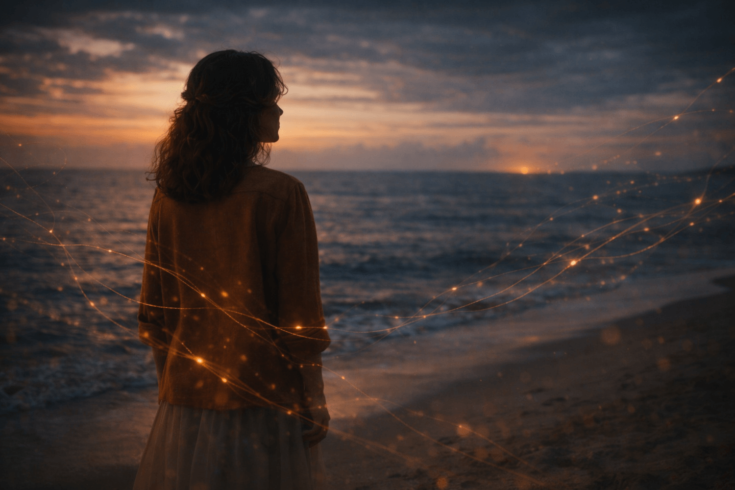 Mulher sentada na praia à noite segurando uma pequena chama, símbolo de responsabilidade pessoal e consciência sistémica.