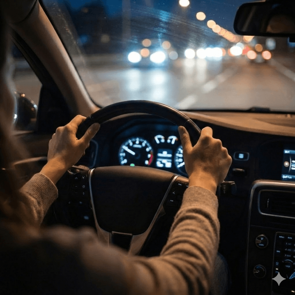 Mãos femininas firmes no volante de um carro, simbolizando liderança e afirmação pessoal.