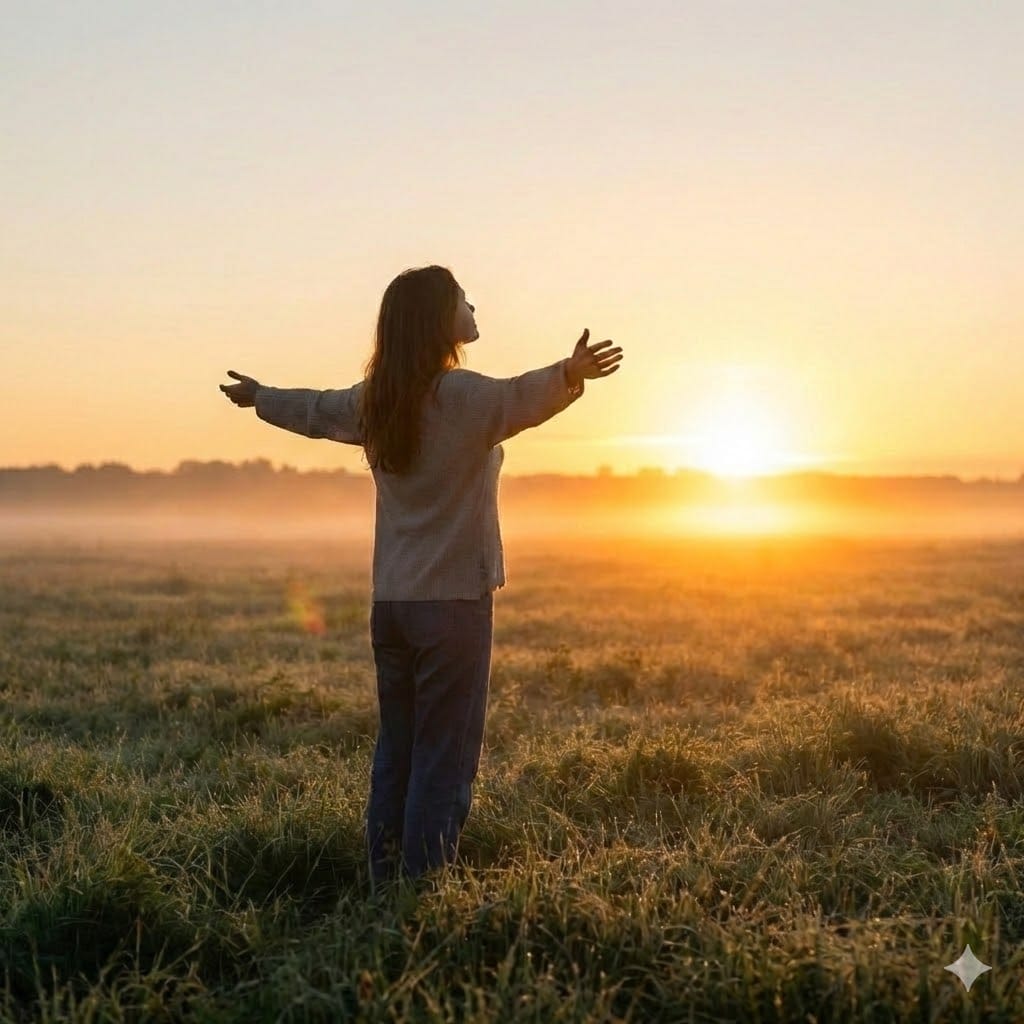 Mulher com braços abertos num campo, simbolizando liberdade e brilho próprio.
