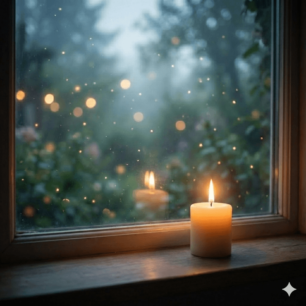 Vela acesa criando um ambiente acolhedor, representando a luz da alma.