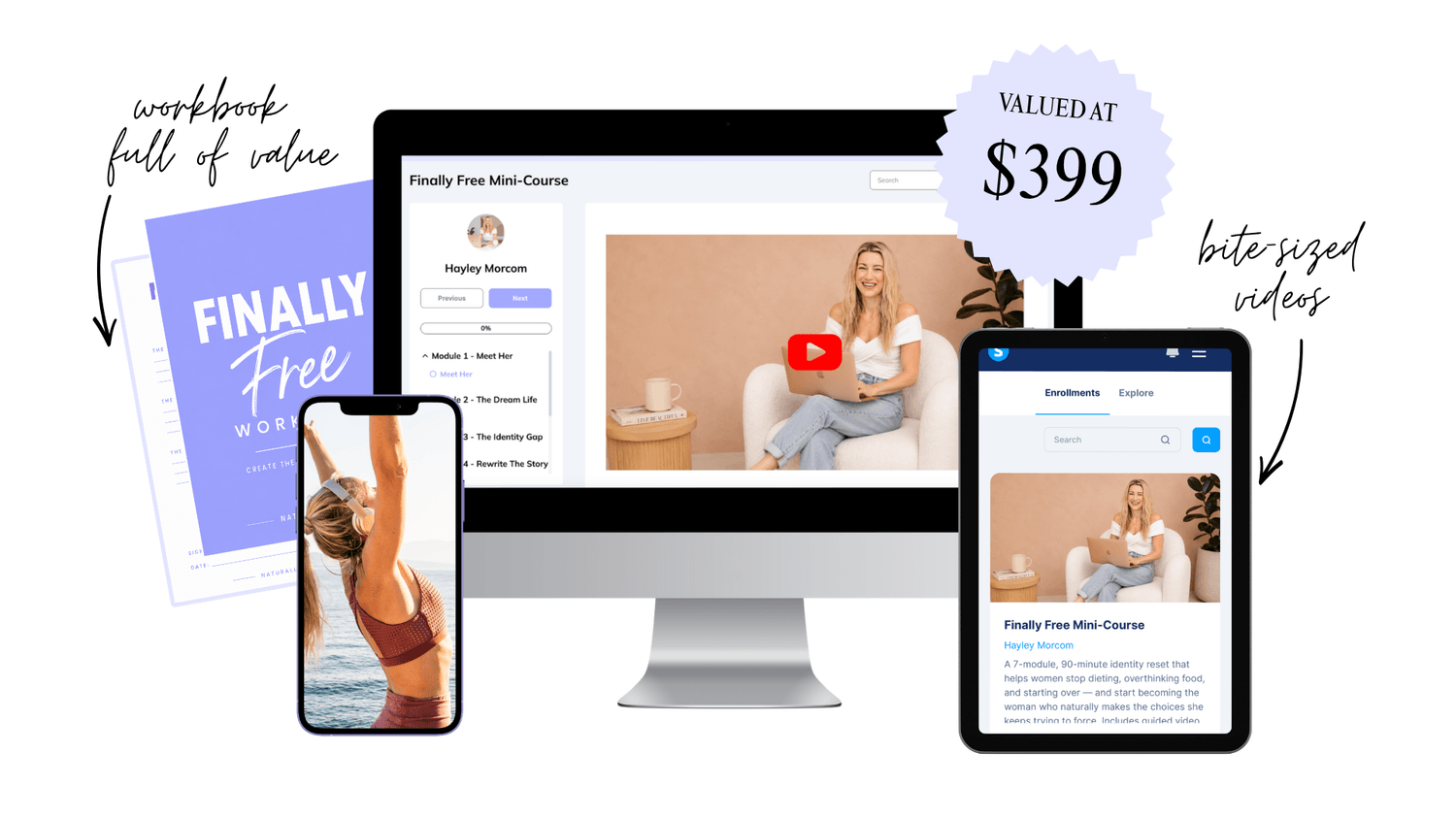 Finally Free mini-course preview across devices, valued at $257