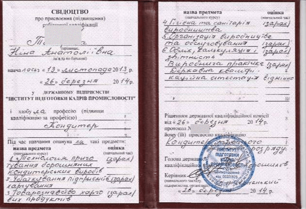 Свідоцтво про присвоєння кваліфікації «Кондитер»