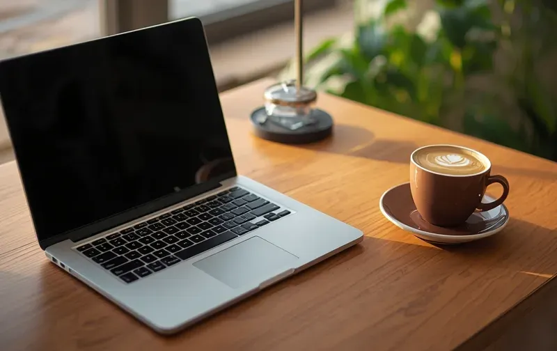 A laptop and notebook on a warm, tidy desk