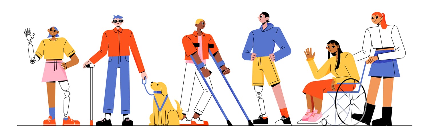 Illustration of a diverse group of people including wheelchair, cane, and prosthetic limb users