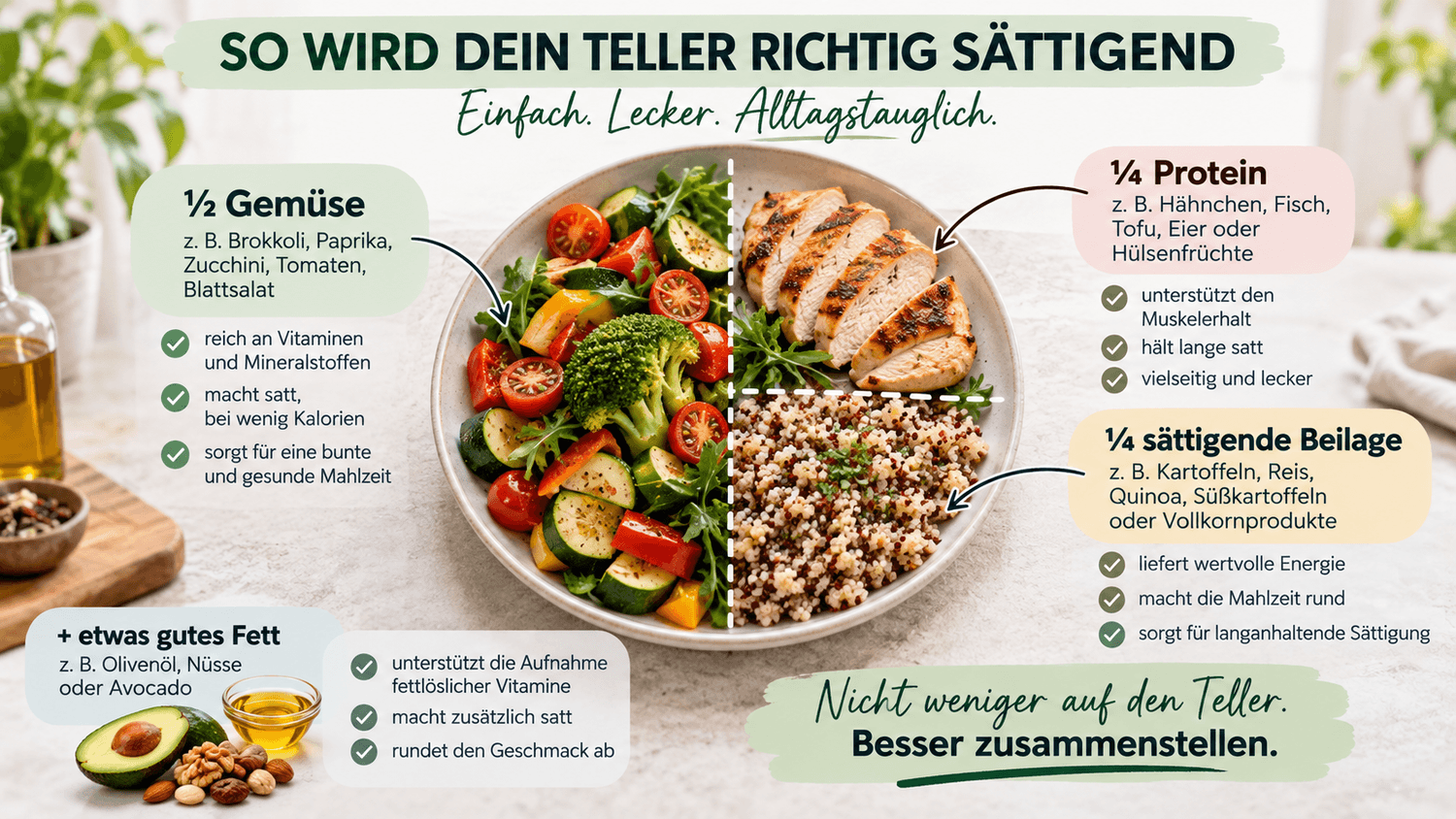 Sättigender Teller mit Gemüse, Protein und sättigender Beilage