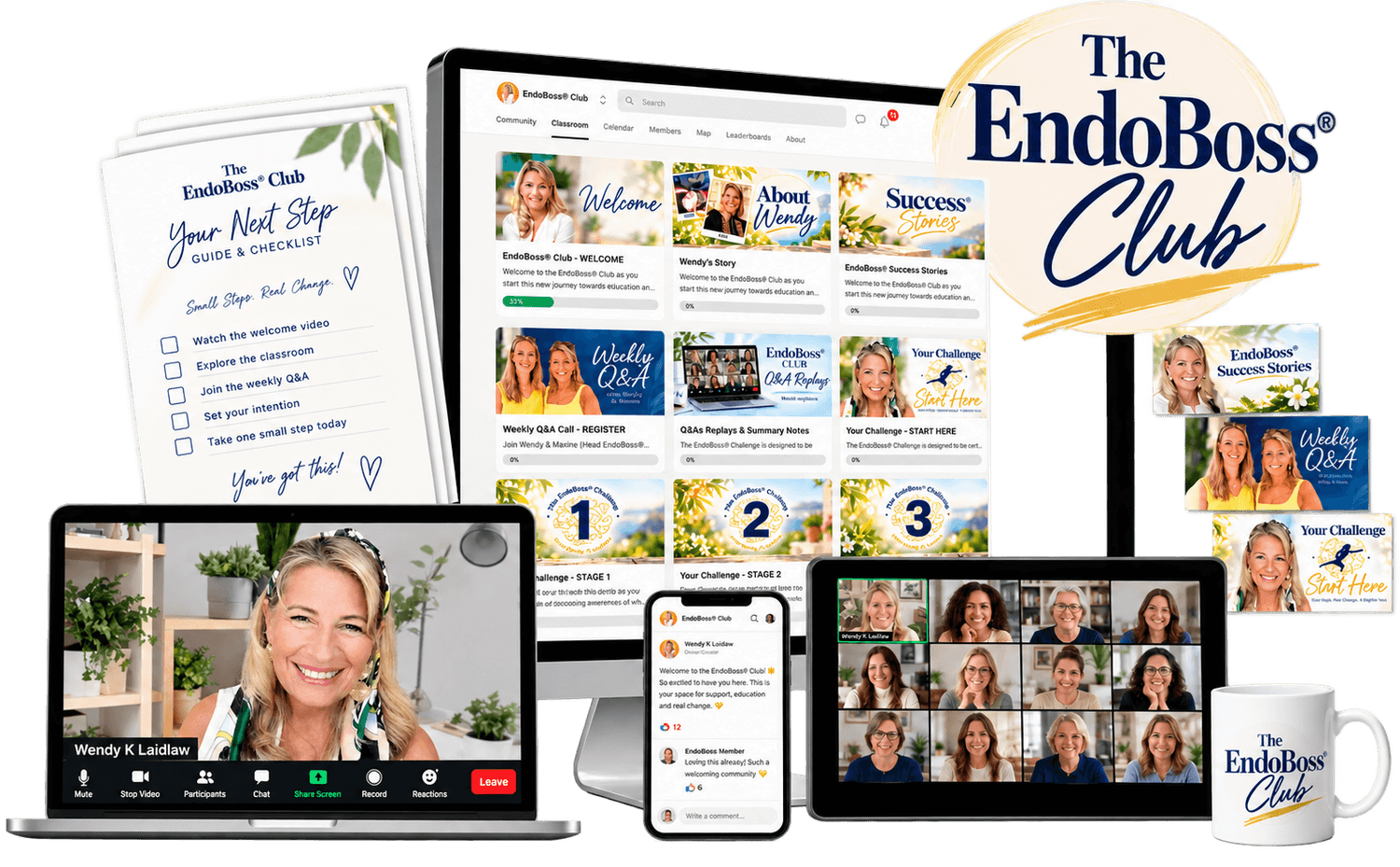 The EndoBoss® Club on Skool across laptop, desktop, tablet and phone: Wendy's welcome video, the classroom, the weekly group Q&A calls, and the Your Next Step guide and checklist.