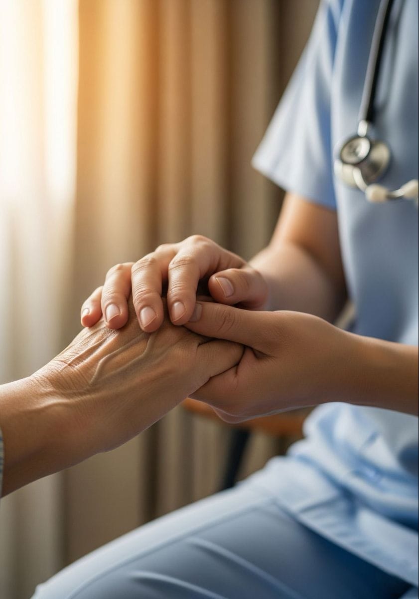 Profesional de la salud sosteniendo las manos de una persona