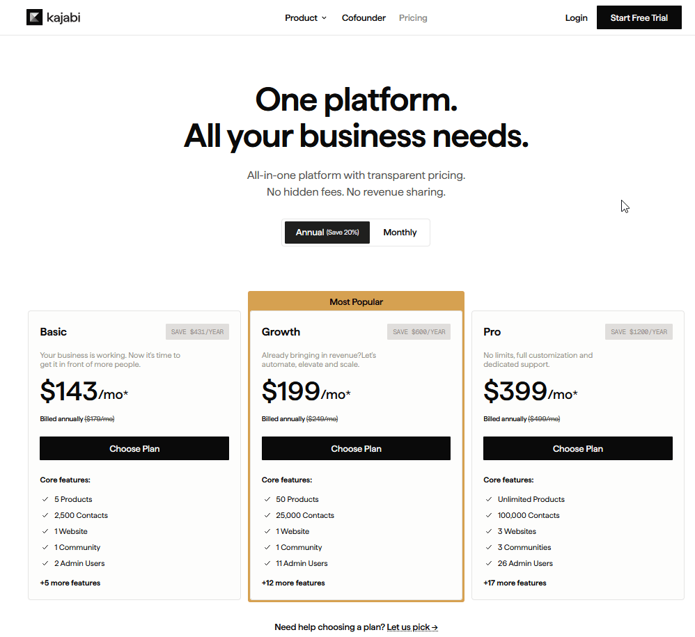 Kajabi公式料金ページ（英語）。Basic $143/月・Growth $199/月・Pro $399/月（年払い表示）