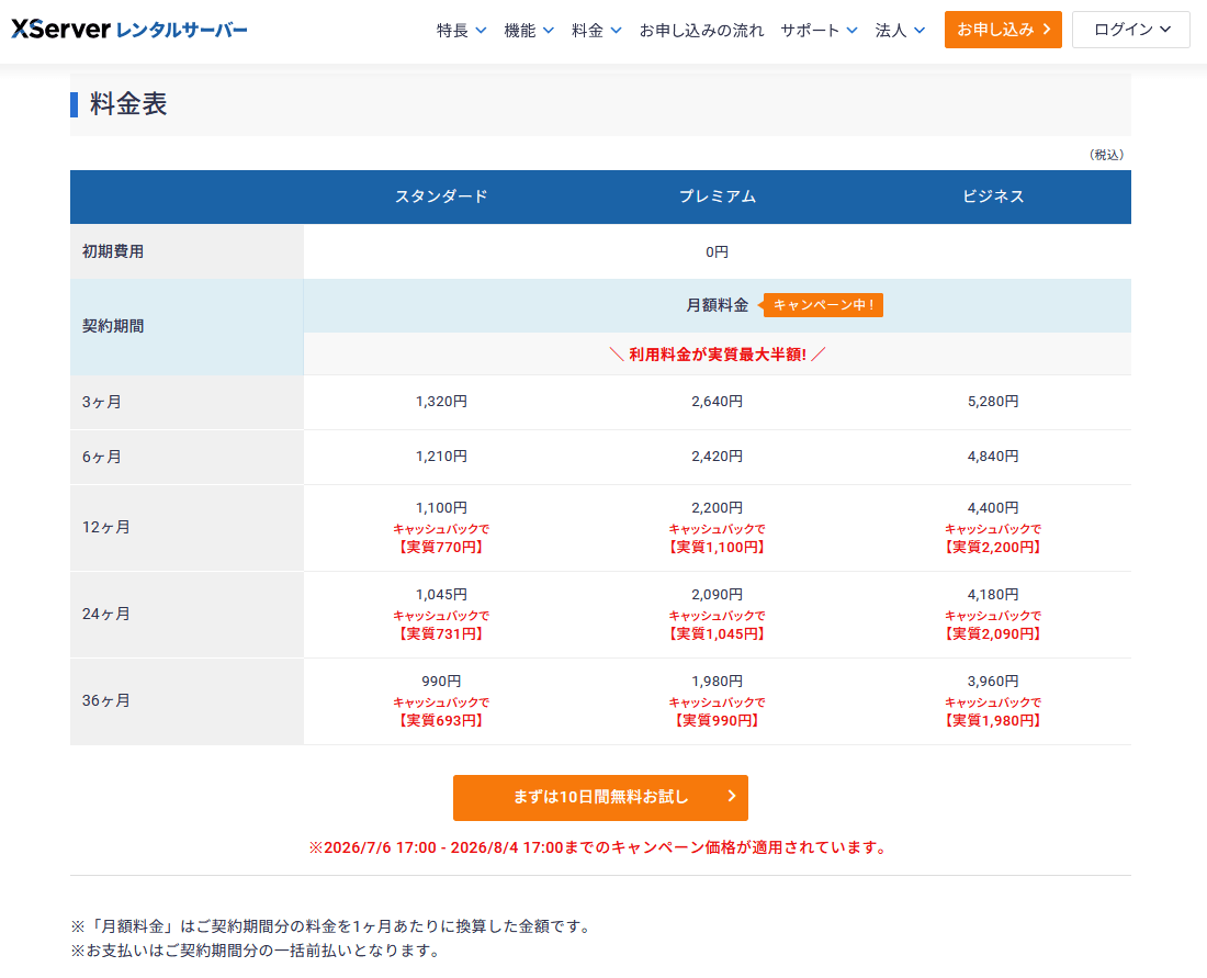 エックスサーバーの料金表。スタンダードは月額換算990円から（キャンペーン時は実質693円など）