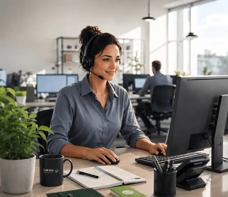 Téléprospectrice travaillant à distance avec un casque devant son ordinateur