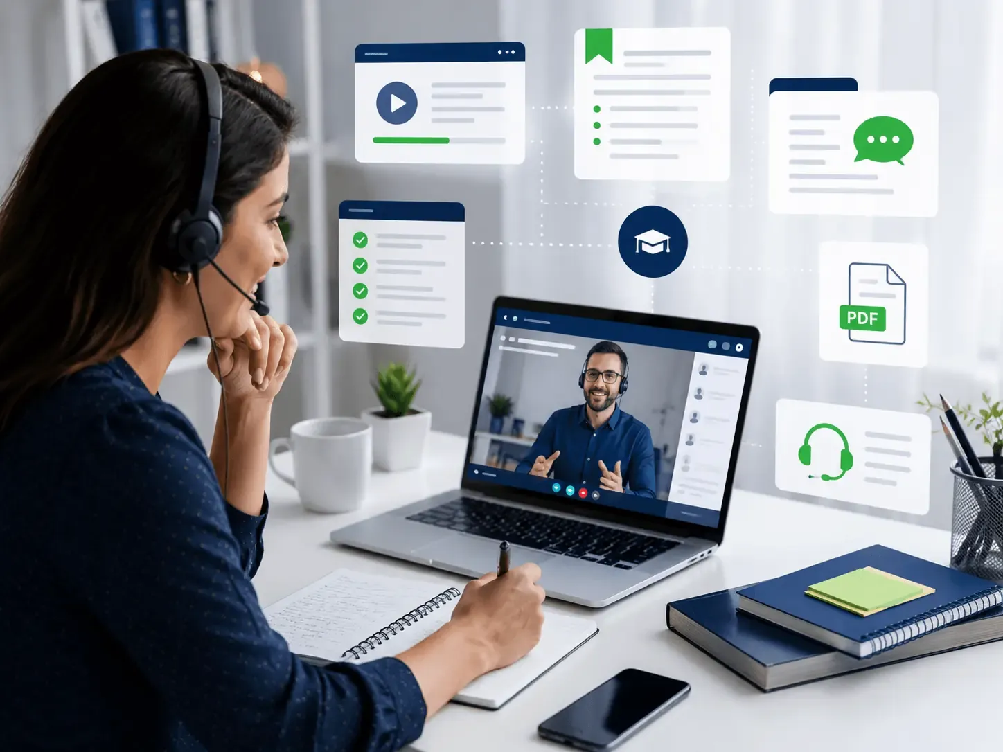 Téléprospectrice en visioconférence devant plusieurs écrans