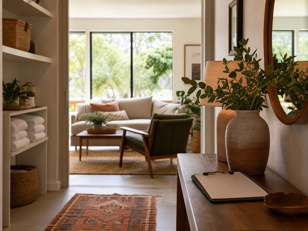 Organized, guest-ready furnished rental entry and living area