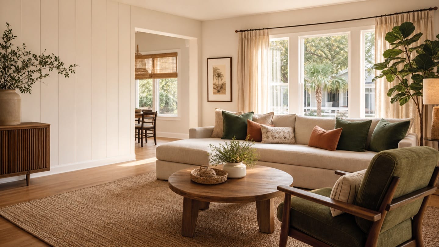 Warm, professionally prepared furnished rental living room