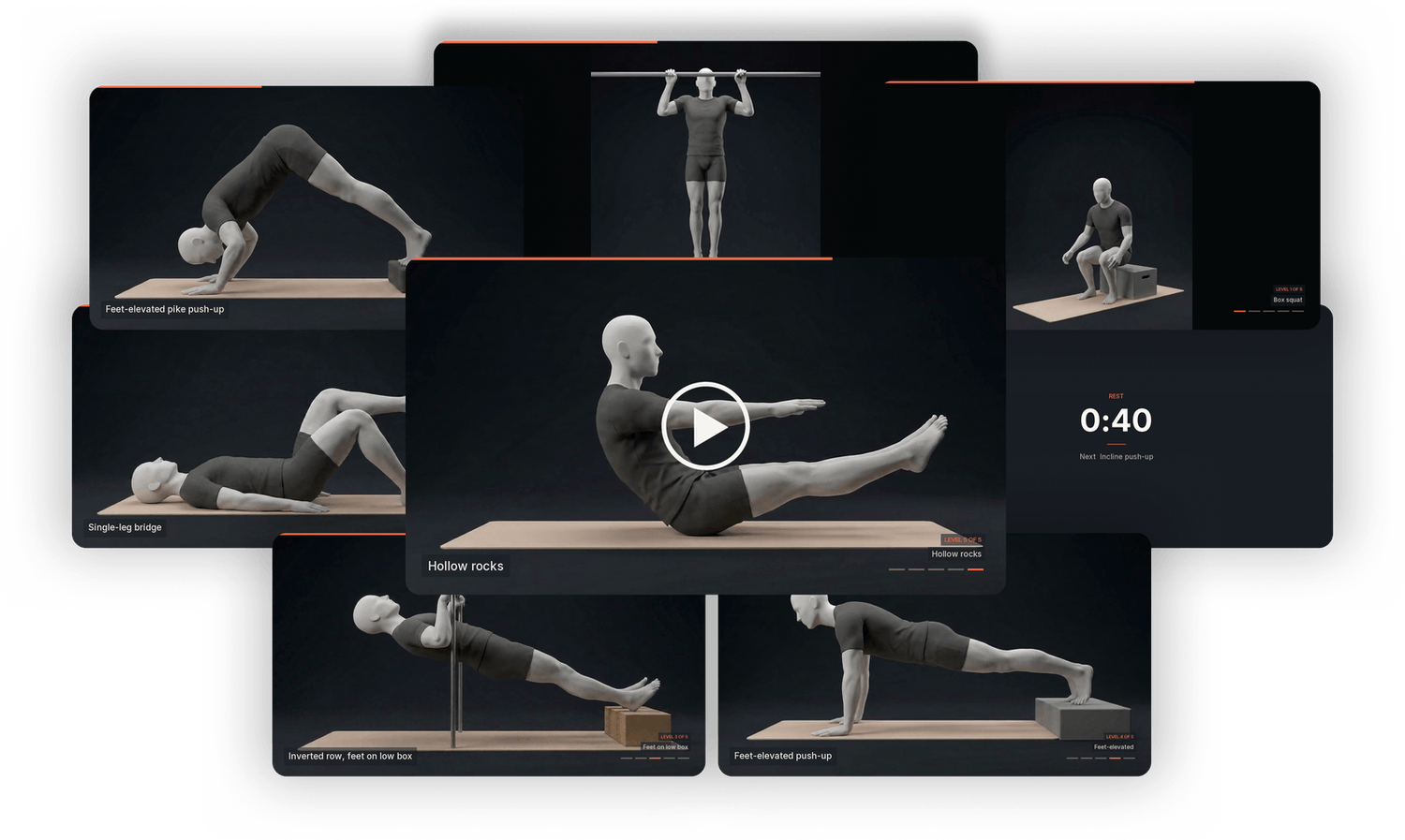 Ten follow-along sessions with the on-screen level, progression scale and recovery timer