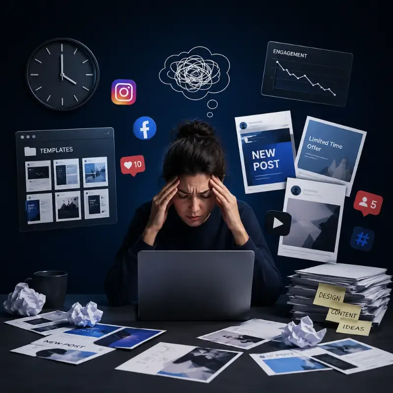 Business owner overwhelmed by designing daily social media posts without a template system