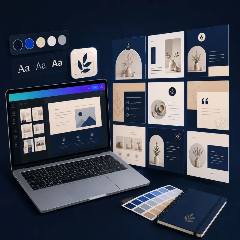 Custom Canva template design mockup showing brand colors, fonts, and logo applied to a social media post