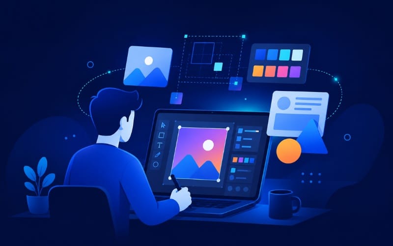 Freelance designer working on custom social media graphics for a client