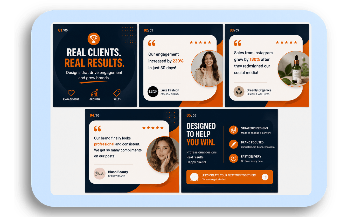 Instagram carousel post example showing client testimonials and results in card layout