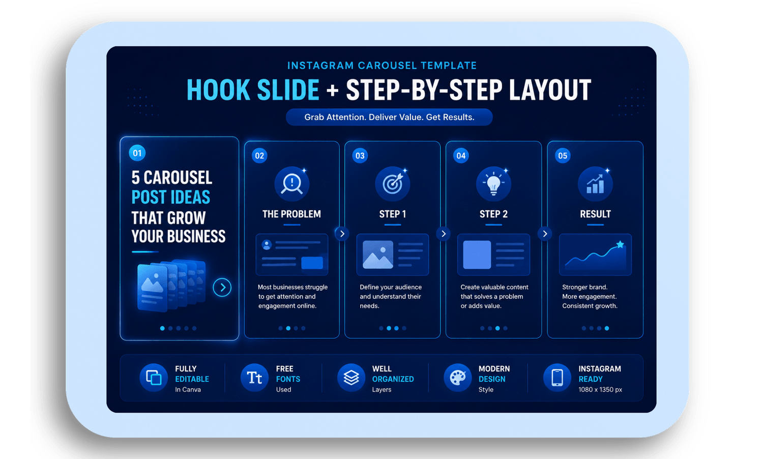 Instagram carousel template example showing hook slide and step-by-step layout design
