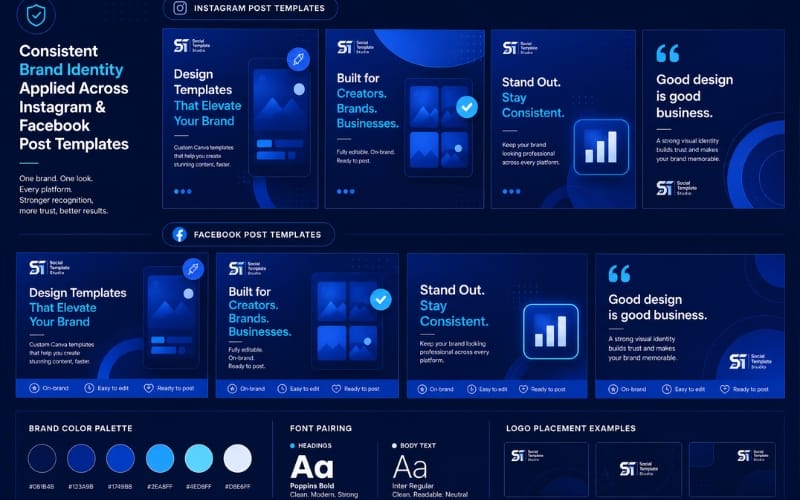 Consistent brand identity applied across Instagram and Facebook post templates