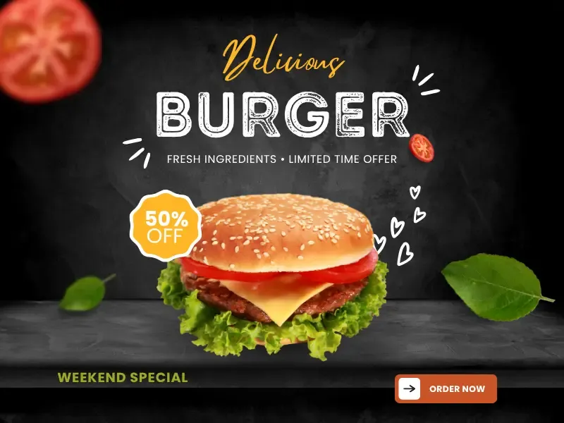 Canva promotional social media template for a restaurant weekend food special with bold visuals and call-to-action.