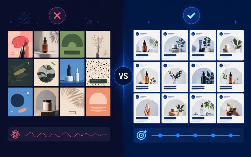Comparison of inconsistent one-off Instagram posts versus a consistent branded template grid