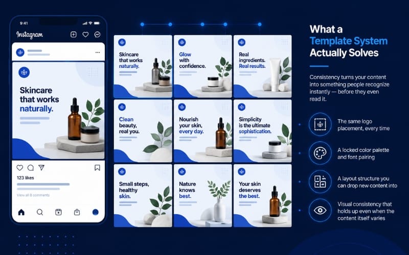 Instagram post template system showing consistent branding across a feed of skincare posts