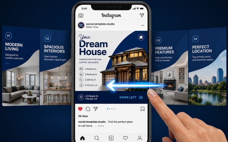 Hand swiping through a real estate Instagram carousel post