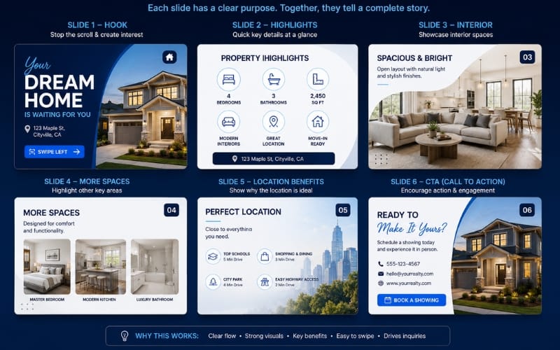 Six real estate carousel slides labeled by purpose