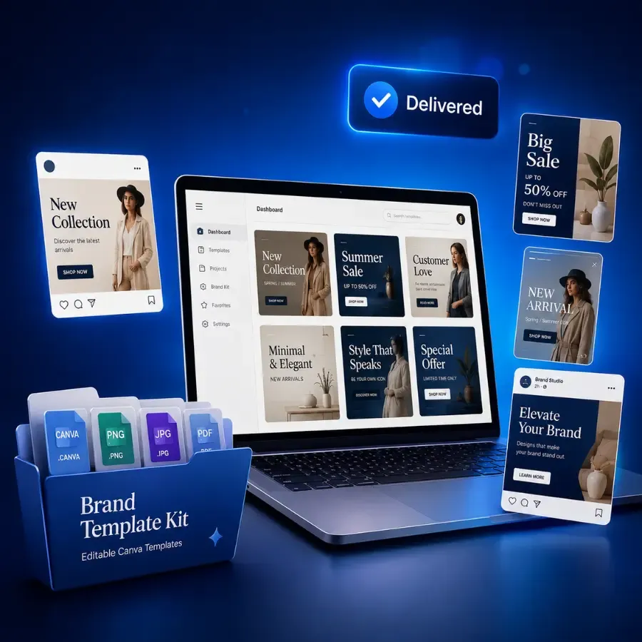 Custom Canva templates displayed on a laptop with editable social media designs for Instagram, Facebook and business branding.