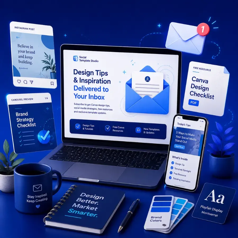 Newsletter illustration featuring Canva design tips, free social media templates and creative resources for business owners.