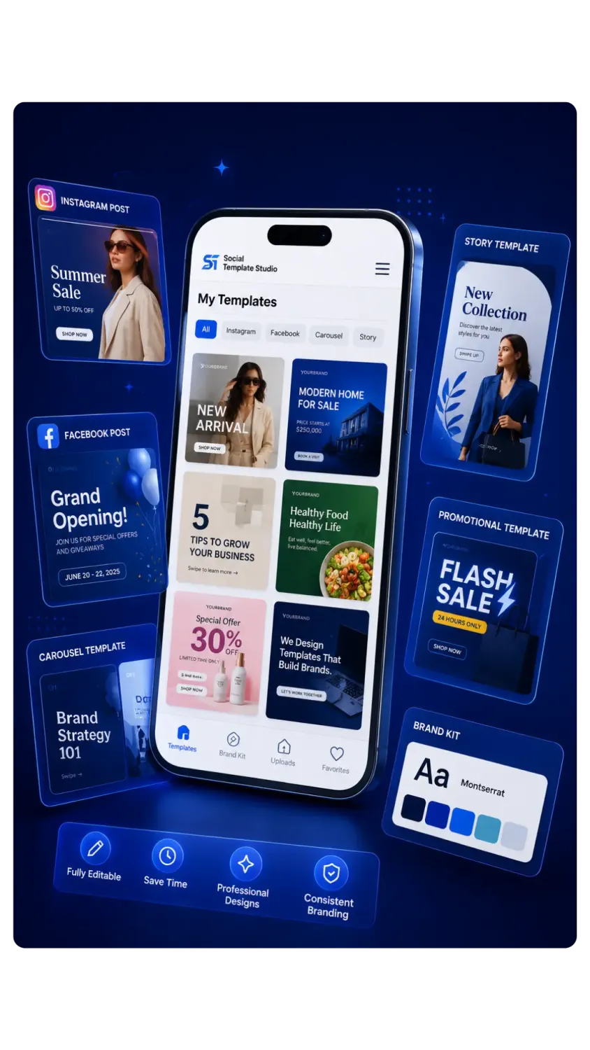 Mobile mockup showcasing custom Canva templates for Instagram posts, Facebook graphics, carousel designs, story templates and branded social media content.