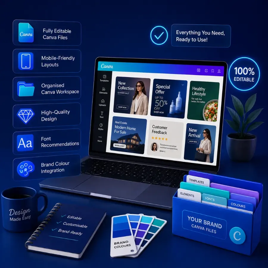 Laptop displaying editable Canva templates with organised design files, brand colours, font recommendations and mobile-friendly social media layouts.