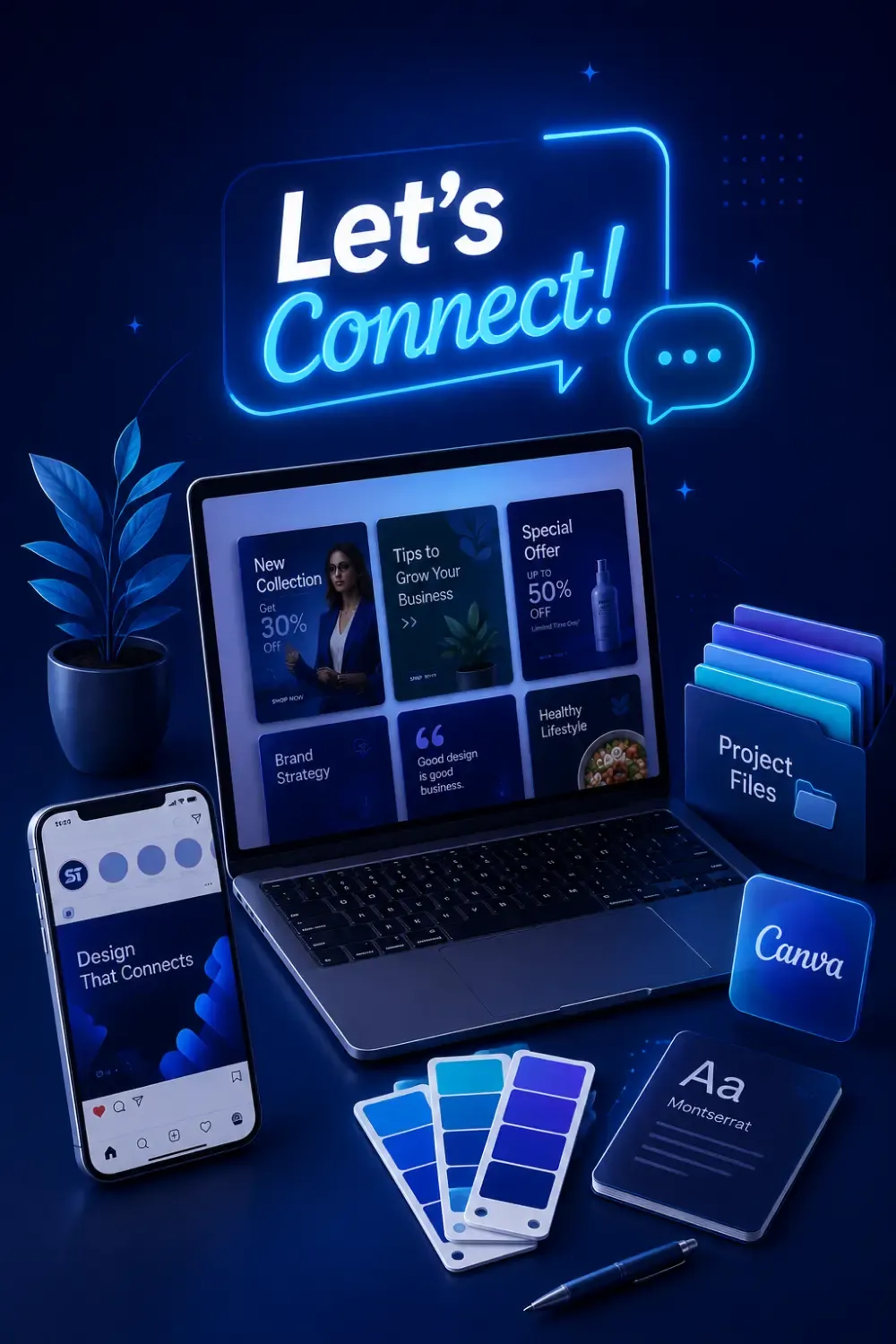 Modern workspace illustration featuring custom Canva templates, project files and branding elements for business inquiries and design collaboration.