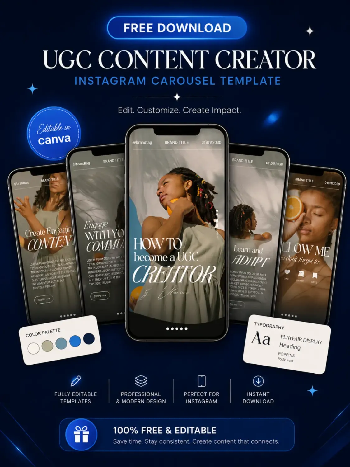Modern landing page graphic displaying a free Canva Instagram carousel template with mobile mockups, editable design elements, and premium blue gradients