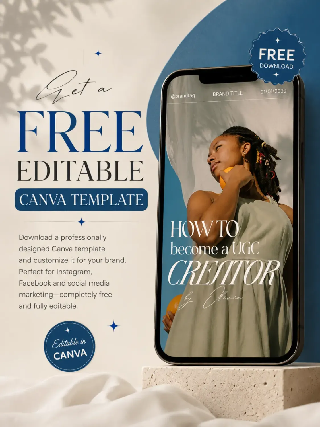 Premium hero section featuring a free editable Canva template with layered smartphone mockups, social media carousel slides, and download badges for Instagram and Facebook marketing.