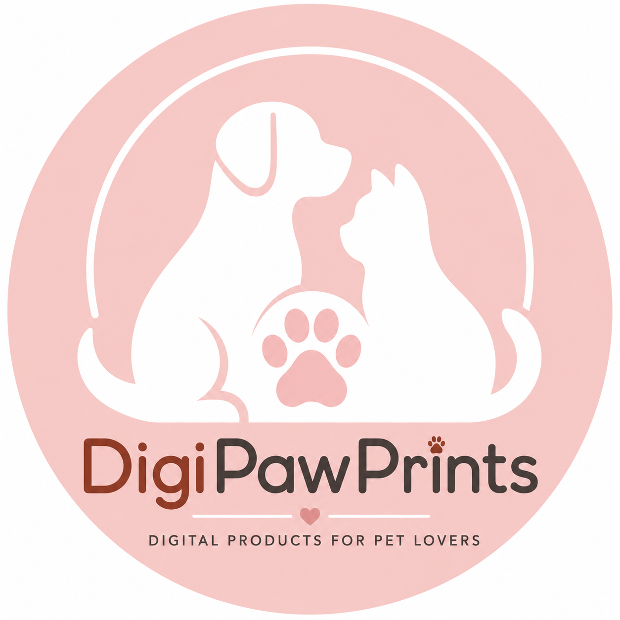 A square logo featuring stylized white silhouettes of a dog and person inside a pink circular design, with the text “DigiPawPrints” underneath.