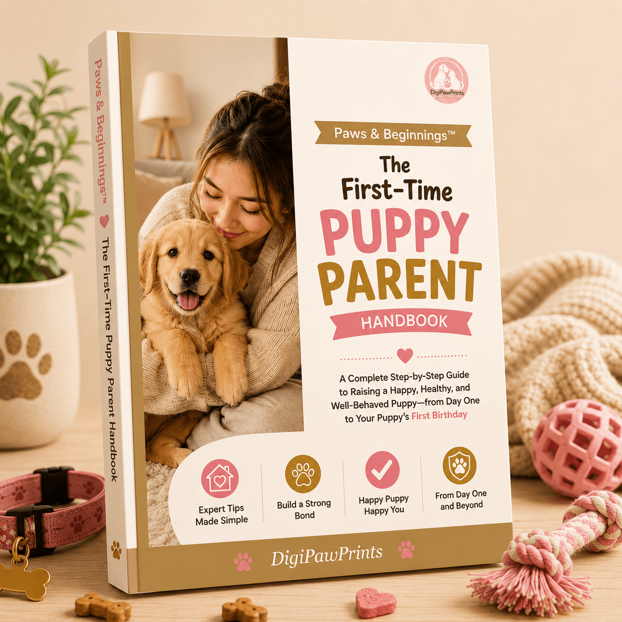 A realistic mockup of the DigiPawPrints ebook “The First-Time Puppy Parent Handbook,” featuring a woman cuddling a golden retriever puppy on the cover, with puppy toys, treats, and pet accessories arranged around the book.