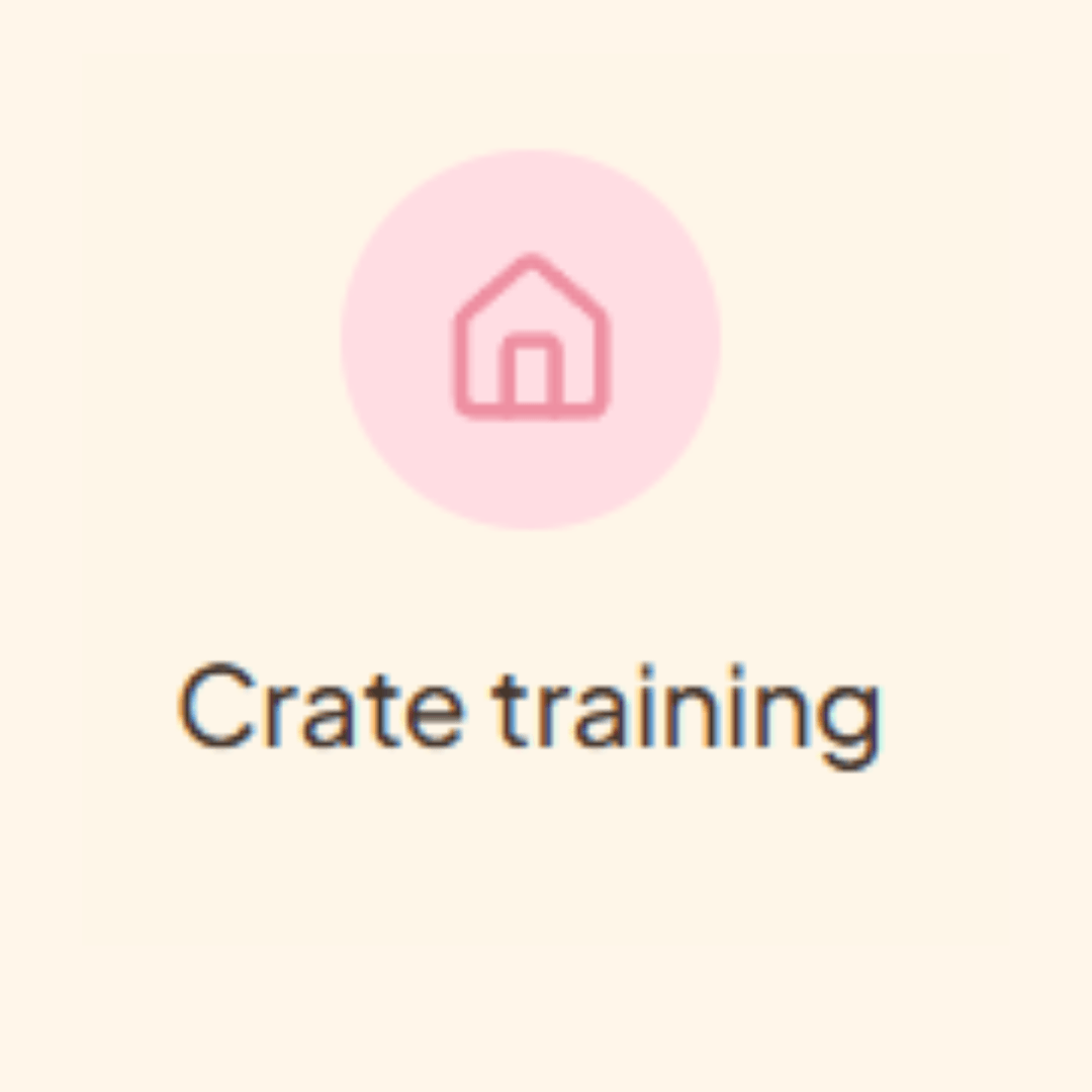 Minimalist pet education graphic with a pink dog crate icon above the text “Crate training” on a soft cream background.