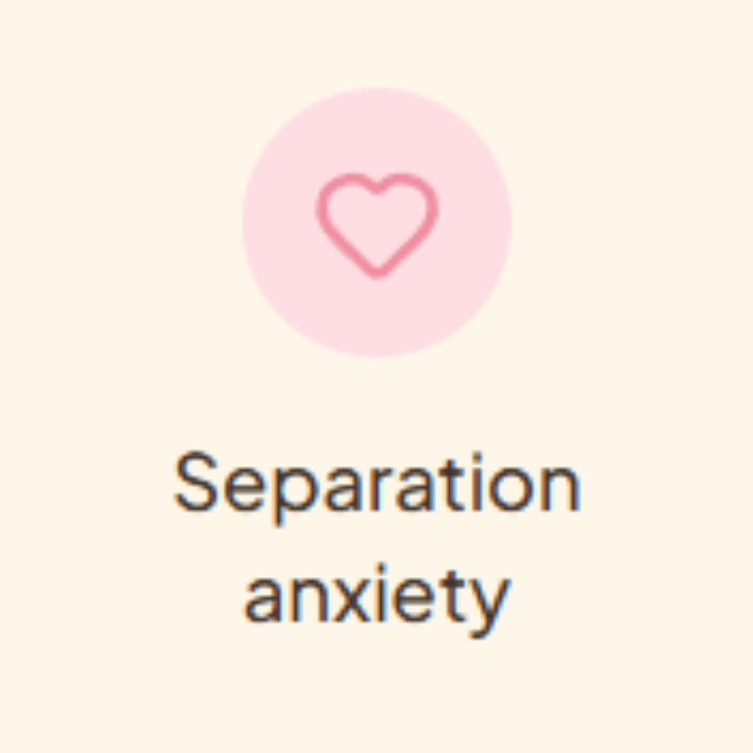 Minimalist pet education graphic with a pink heart icon above the text “Separation anxiety” on a soft cream background.