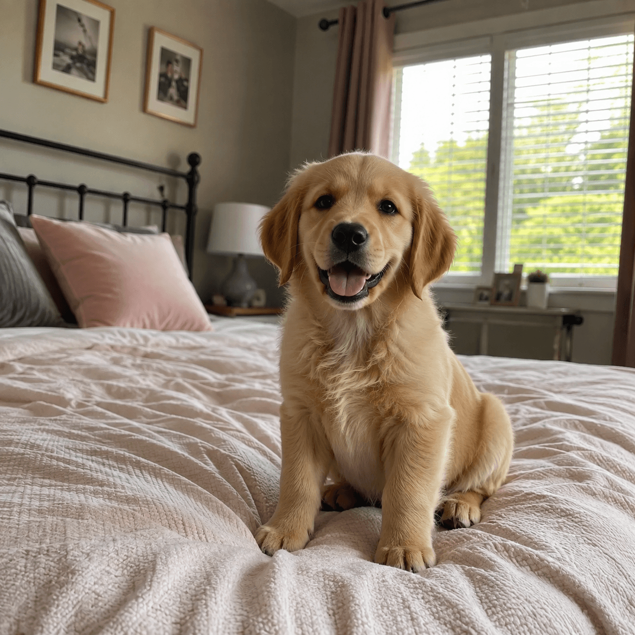 A golden retriever puppy sits happily on a neatly made bed in a cozy bedroom, facing the camera with its mouth open and tongue out. Soft natural light comes through the window behind it.