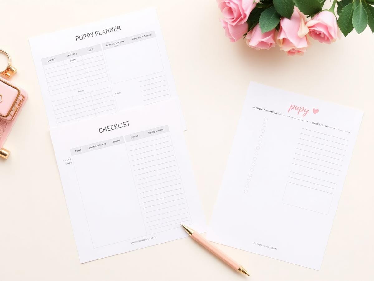 A flat-lay photo of puppy-planning printables on a pale pink surface, including a “PUPPY PLANNER,” checklist, and notes sheet, with a pink pen, pink flowers, and a small pink accessory arranged around them.