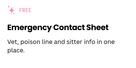 Rounded white card with pink ‘FREE’ label and sparkle icon, titled ‘Emergency Contact Sheet,’ with text describing a place to keep vet, poison line, and pet sitter information.